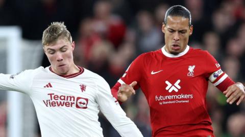 Manchester United's Rasmus Hojlund shields the ball from Liverpool's Virgil van Dijk