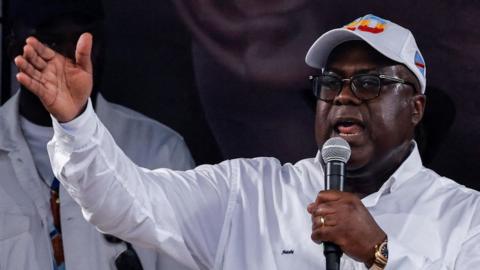 Democratic Republic of the Congo's President Felix Tshisekedi talks to supporters during his final campaign rally in Kinshasa, the Democratic Republic of Congo December 18, 2023.