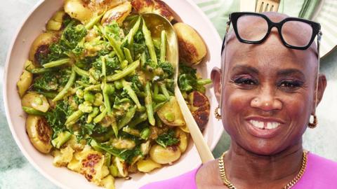 Andi Oliver and her crispy roast potatoes with summer greens