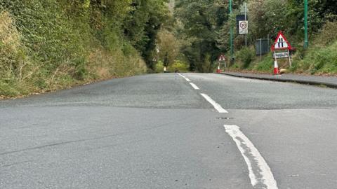 A stretch of tree lined road with triangular temporary road signs and traffic cones on the right and a broken white line down the middle.