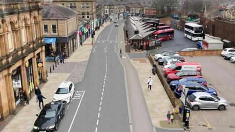 An artists' impression shows a new wide footpath and road through a town centre. A carpark and a busway are on right side of the road. 