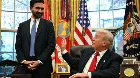 Mamdani is seen standing next to Trump, who is seated behind his desk in the Oval Office. Both are smiling and Trump is reaching out to jokingly tap him on the arm
