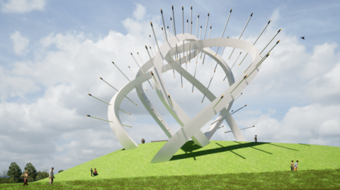 A computer generated view of a spiral sculpture with light spikes protruding from it on top of a mound of grass with people dotted around it.