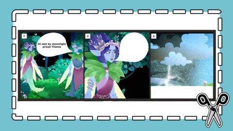 Panels from a cartoon about A Midsummer Night's Dream depicting Titania with spaces for a child to write their own text.