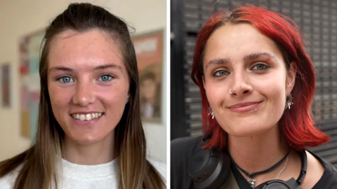 A composite image of Neala Sheils - who smiles, with blue eyes and brown hair - and El Cousins - who has short red hair