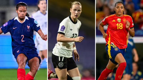 A collage of three images. 
Left: A player in a deep blue jersey with the number 2 and a golden rooster emblem—this represents France. 

Centre: Wearing white with the number 17 and a bold black eagle crest is a player from Germany.

Right: Dressed in vibrant red with yellow accents and the number 18, this player represents Spain.