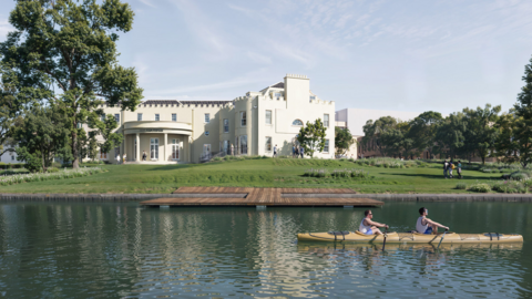 A CGI-generated image of two rowers rowing past Bray Studios.