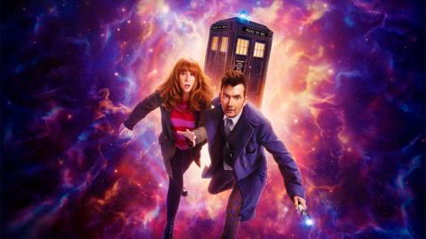 The 14th Doctor (David Tennant) and Donna Noble (Catherine Tate) looking anxious. In the background is a space nebula and the TARDIS.