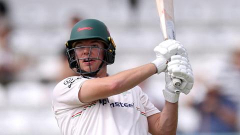 Tom Scriven plays a pull shot while batting for Leicestershire in a County Championship match
