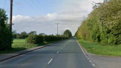 A country road flanked by greenery. There is farmland and shrubbery on the left of the road and on the right there are tall trees and shrubs.