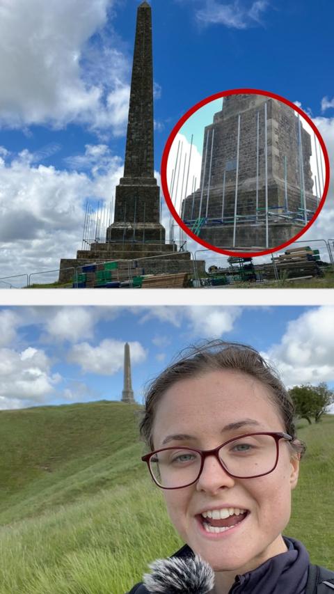 Split image showing the Landsdowne Monument at the top and reporter Kirsten at the bottom.