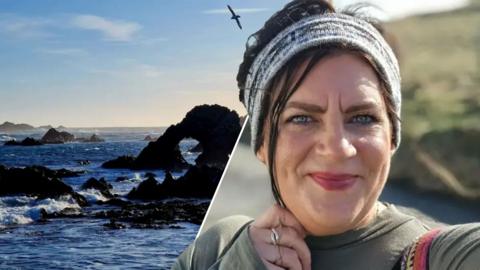 A split image of the coast and a woman