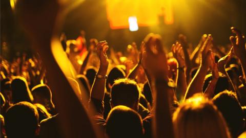 Concert goers put their hands in the air for a band