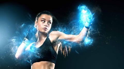 A female boxer throws a jab with magical blue light emanating from her gloves