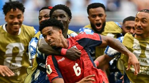Kevin Pina celebrates scoring for Cape Verde against Uruguay