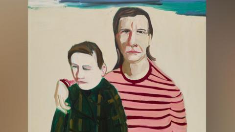 A self-portrait by Chantal Joffe looking towards the viewer, wearing a pink top striped with red, with shoulder length brown hair and her daughter Esme on her lap, wearing a top in dark green crossed with mustard yellow, painted in 2016