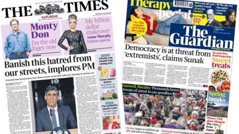 A composite image using the front pages of the Times and the Guardian