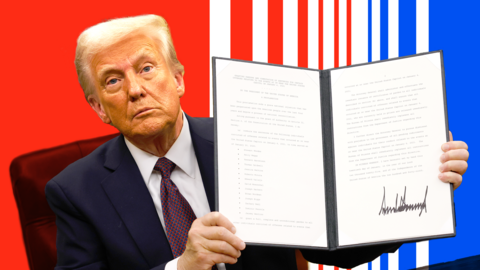 Donald Trump, seated, holds up an executive order that he has signed. The photo illusrtration has red and blue in the background with white stripes