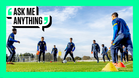 RKC Waalwijk players perform a rondo group exercise in pre-season training