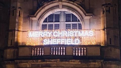 Sheffield Christmas lights reading 'Merry Christmas Sheffield'