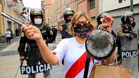 Demonstrators protest in Lima, Peru, on 10 November 2020