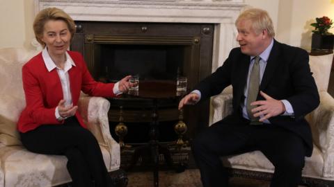 British Prime Minister Boris Johnson meets EU Commission President Ursula von der Leyen at 10 Downing Street on January 8, 2020 in London
