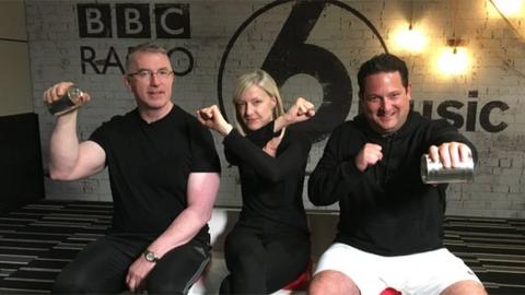Martin Cullen, Mary Anne Hobbs and Chris Hawkins pretending to exercise