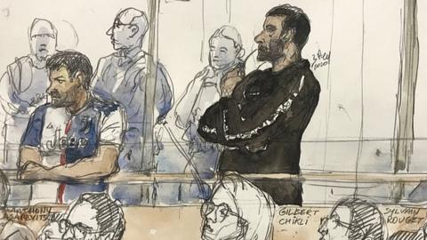 Court sketch on February 4, 2020, shows Gilbert Chikli (r) and Anthony Lasarevitsch (l) during their trial at the Paris court house