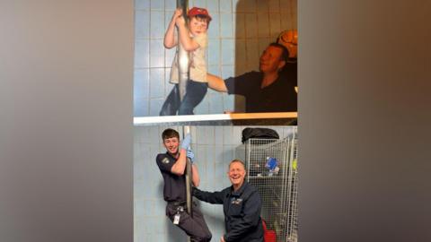 A photograph shows five-year-old Lewis Owen clinging on to a fire station pole. He has a red cap, pale yellow shirt and jeans. John Henderson is next to him smiling. A second pic below shows them recreating the photograph earlier this year. They are both smiling and wearing Cleveland Fire brigade's navy blue uniform.