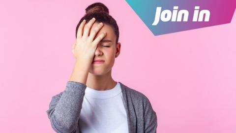 Girl stands with her hand on her head with a frustrated expression. In the top right corner, there is a graphic which says Join In