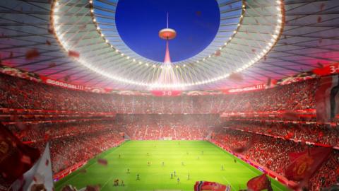 An artist's illustration of Manchester United's proposed new stadium. It shows a glass panelled canvas hanging from three pillars, at either end of the stadium, draped over stands