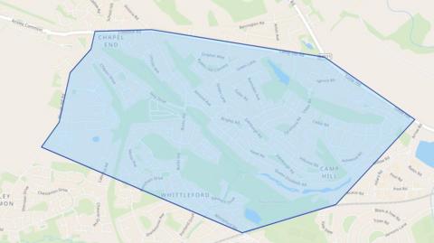 A map of Nuneaton that has a blue, shaded shape over the top of three areas marking a boundary of where a dispersal order is in place. 