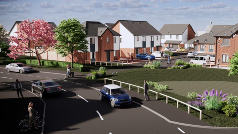 Artist's impression on the development at Newton Hall. It includes a number of two-storey brick properties with cars parked outside. 