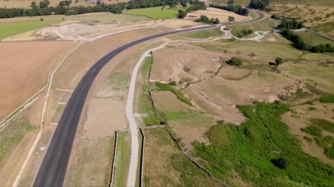 Winding new road surrounded by yellow and green grass as well as a number of trees