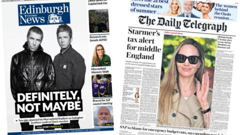 Composite image of the Edinburgh Evening News, headlines 'Definitely, not maybe' and the Daily Telegraph, headlined 'Starmer's tax alert for middle England'