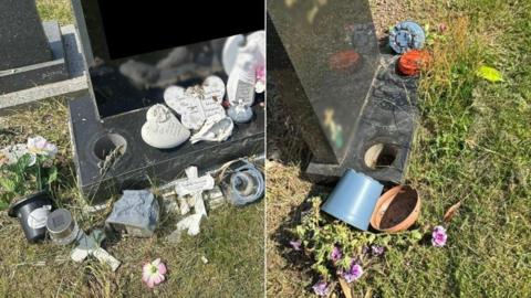 Overturned potted plants and small ornaments on two gravestones