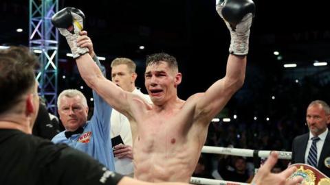 Chris Billam-Smith celebrates victory following his WBO World Cruiserweight championship fight against Lawrence Okolie at Vitality Stadium