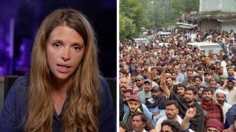 Composite of Carrie Davies next to a group of protesters