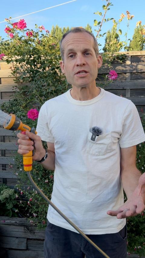 Reporter Will Richards is standing in front of a rose bush with pink flowers, a salvia with red and white flowers and a wooden fence. He is holding a hosepipe in his right hand. He is wearing a white t-shirt and dark blue shorts.