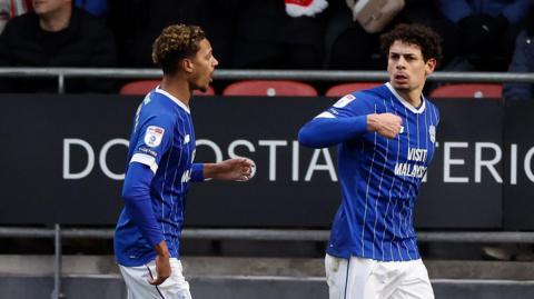 Yousef Salech celebrates scoring Cardiff City's equaliser at Leyton Orient