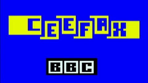 The logo for Ceefax title page, a vivid blue background with the word Ceefax picked out in the blue against a bright yellow background and the logo ˿ written in black on a white background in a black box beneath