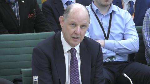 Screen grab of former Foreign Office permanent under-secretary Sir Philip Barton appearing before the Foreign Affairs Committee about Lord Peter Mandelson’s vetting process at the Houses of Parliament in London.