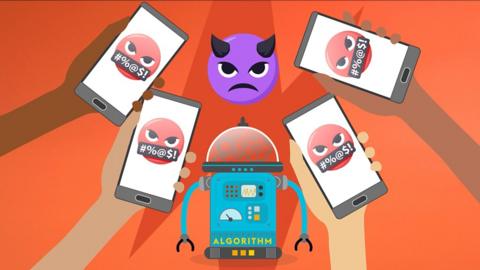 A robot surrounded by phones with angry and rude emojis