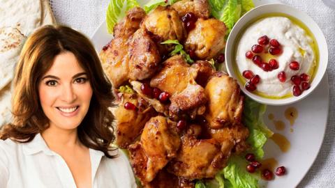 A plate of chicken shawarma with an image of Nigella Lawson edited in.