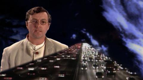 Composite image of presenter Howard Stableford, a multi-lane motorway and a dark sky.