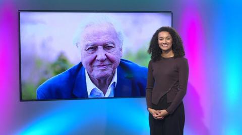 Nina in the studio with Sir David Attenborough in the screen