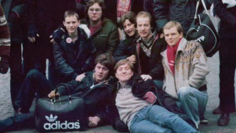 Photograph of a group of Liverpool fans in Brussels in 1978