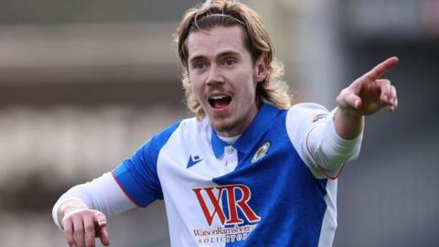 Blackburn Rovers' Todd Cantwell points during the Sky Bet Championship match against Leeds United FC at Ewood Park 