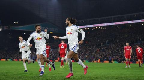Dominic Calvert-Lewin of Leeds celebrates scoring the 3rd goal during the Premier League match between Leeds United and Nottingham Forest at Elland Road