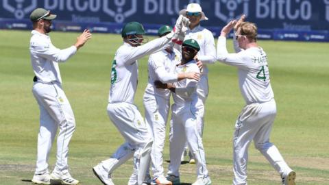 Proteas celebrate the wicket of Jermaine Blackwood of the West Indies during day 4 of the 2nd Test match between South Africa and West Indies at DP World Wanderers Stadium in Johannesburg, South Africa.